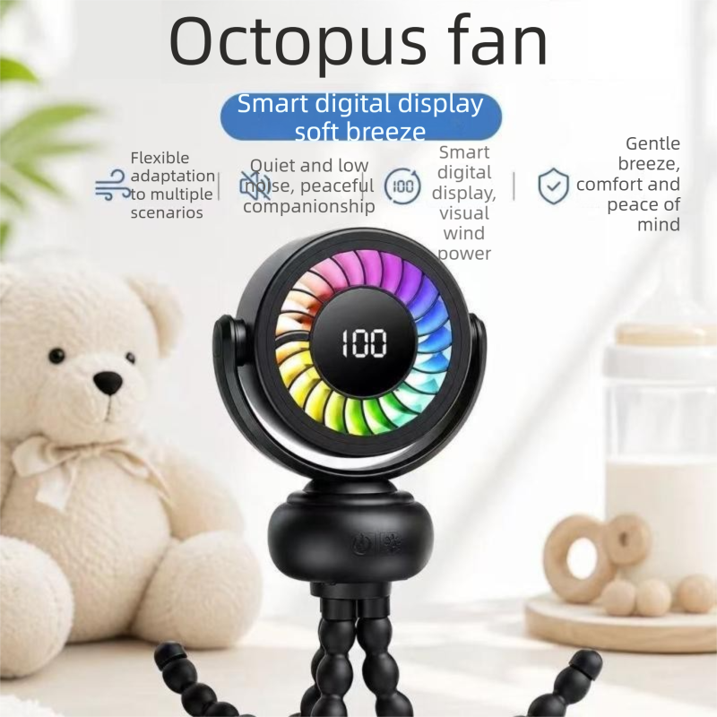 Octopus Tripod Fan With Hd Digital Display – Sumo Deals Black Octopus Fan With Colorful Led Display And Flexible Tripod, For Quiet, Portable Cooling.