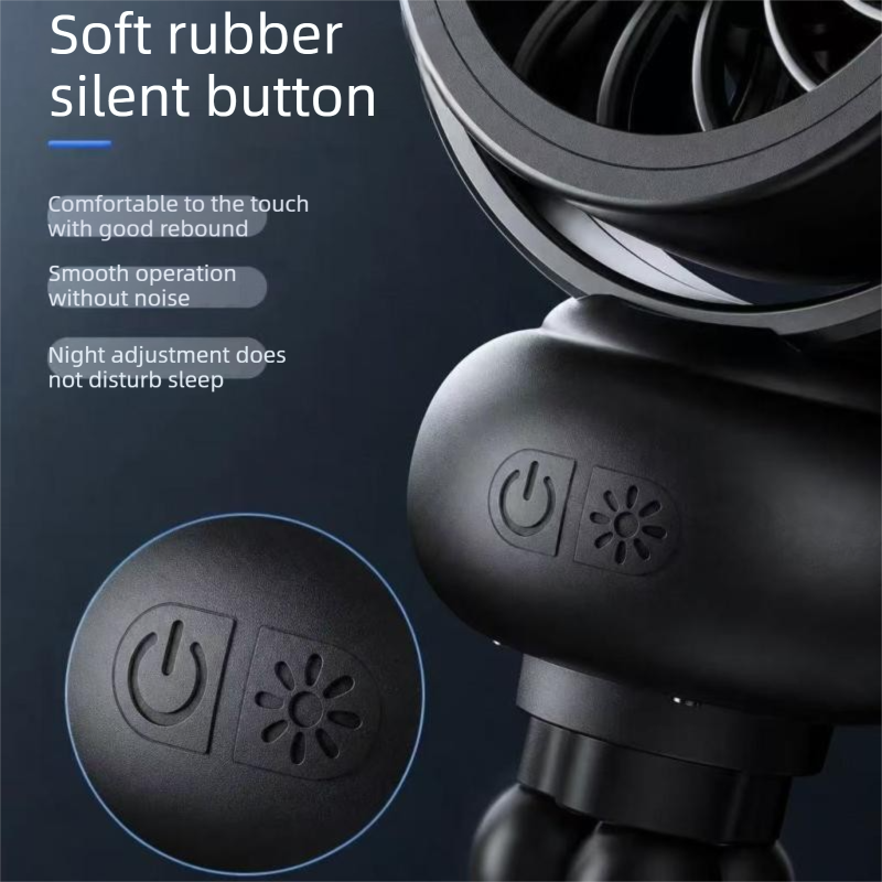 Octopus Tripod Fan With Hd Digital Display – Sumo Deals Black Soft Rubber Silent Buttons For A Device, Featuring Power And Light Symbols, Designed For Quiet Operation.