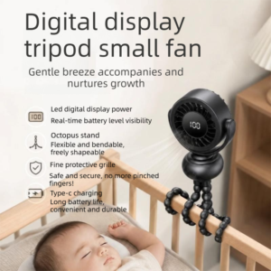 Octopus Tripod Fan With Hd Digital Display – Sumo Deals Black Portable Mini Fan With Digital Display, Flexible Octopus Tripod, Plastic, For Baby Crib/Stroller.