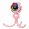 Pink plastic portable fan with flexible octopus tripod, colorful LED light, and digital display for cooling.
