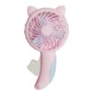 Pink plastic cat-ear handheld portable fan with light blue accent, for personal cooling on-the-go.