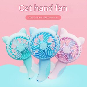 Cute Cat Ear Handheld Portable Mini Fans In Blue, Teal, And Pink Plastic, For Personal Cooling On-The-Go.