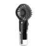 Black plastic handheld portable misting fan with clear water tank for personal cooling.