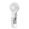 White plastic handheld portable fan with clear water tank for misting, used for personal cooling.