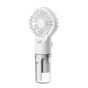 White plastic handheld portable fan with clear water tank for misting, used for personal cooling.