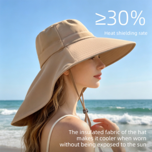 Beige Women'S Wide Brim Sun Hat With Neck Flap - Foldable Outdoor Shade Hat With Adjustable Chin Cor Product Image
