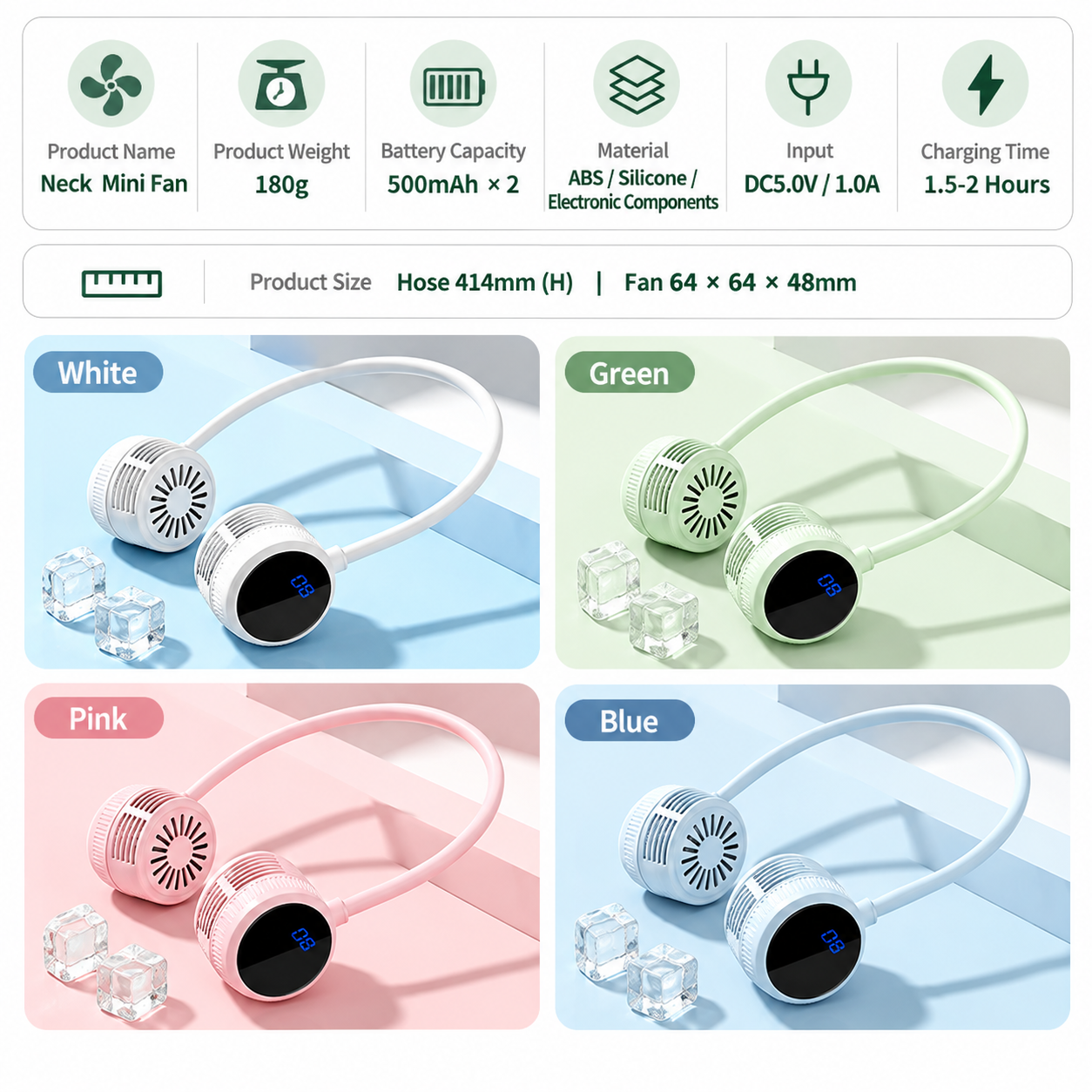 Green Portable Neck Fan With Lcd Display – Sumo Deals Green Portable Neck Fan With Lcd Display - 6 Speed Dual Head Wearable Fan With Flexible 360 Degree A Product Image