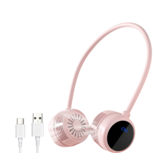 Pink Portable Neck Fan with LCD Display - 6 Speed Dual Head Wearable Fan with Flexible 360 Degree Ai product image