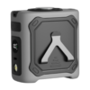 Gray rugged portable power bank with digital display, flashlight, and built-in kickstand for outdoor charging.