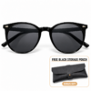 Black round frame sunglasses with dark lenses and gold temple accents, made of plastic, for sun protection.