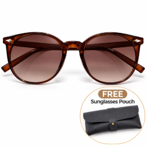 Brown tortoise shell round plastic sunglasses with gradient lenses and silver accents, for sun protection.