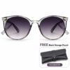Round clear gray plastic sunglasses with dark gradient lenses, for sun protection. Includes black storage pouch.