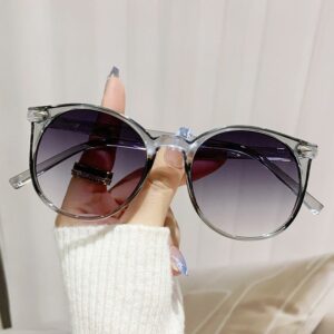 Clear Gray Plastic Round Frame Sunglasses With Gradient Dark Lenses For Sun Protection.