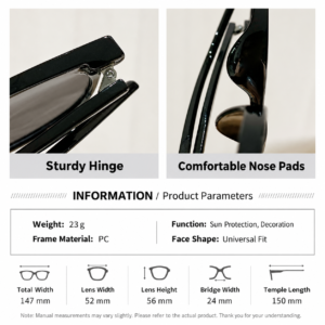 Black Pc Frame Sunglasses With Sturdy Hinge &Amp; Comfortable Nose Pads For Sun Protection &Amp; Decoration.