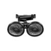 Black plastic dual-fan car mount with phone holder, digital display, for cooling and hands-free use.