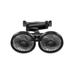 Black plastic dual-fan car mount with phone holder, digital display, for cooling and hands-free use.
