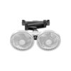 White plastic dual-fan car mount with phone holder, digital display, for vehicle cooling and device support.