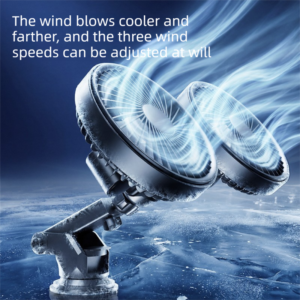 Dual-Head Car Fan, Black Plastic, Adjustable, With Blue Light Airflow, For Cooling Vehicle Interiors.