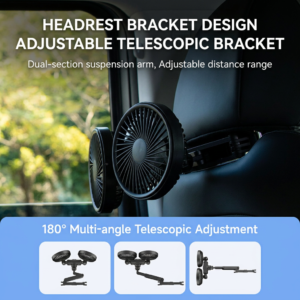 Black Plastic Dual-Fan Car Headrest Bracket With Adjustable Telescopic Arm For Rear Seat Cooling.