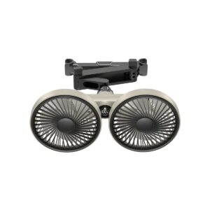 Dual-head car fan with phone holder, beige plastic, black blades, and digital display for vehicle cooling.