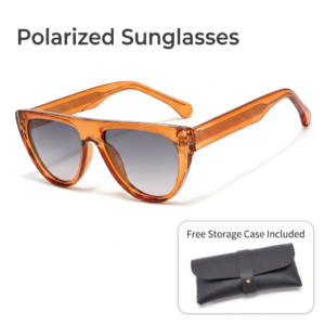 Orange transparent plastic polarized sunglasses with grey gradient lenses, for sun protection.