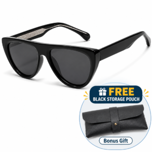 Black cat-eye sunglasses with dark lenses and textured arms, made of plastic, for sun protection.