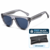Grey translucent acetate cat-eye sunglasses with blue lenses, textured arms, for sun protection.