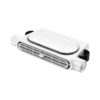 White plastic car air vent fan with adjustable louvers and black clips for vehicle cooling.