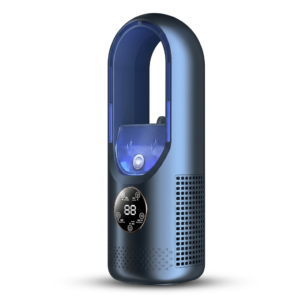Blue bladeless tower fan with digital display, water tank, and air vents, for cooling and humidifying rooms.