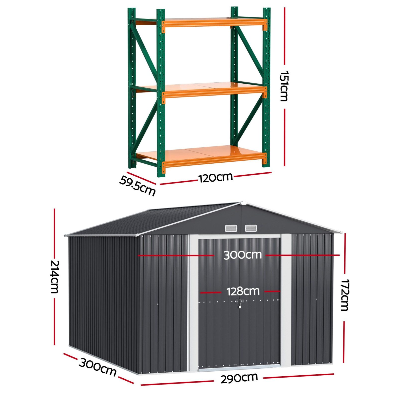 Giantz Garden Shed With 3-Tier Shelving Rack – Sumo Deals Metal Garden Shed With Gable Roof, Dark Grey Corrugated Steel, White Trim, And A 3-Tier Green/Orange Steel Shelving Unit