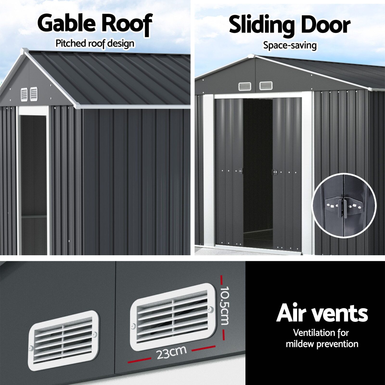 Giantz Garden Shed With 3-Tier Shelving Rack – Sumo Deals Dark Grey Metal Garden Shed With Gable Roof, Sliding Door, And White Air Vents For Outdoor Storage.