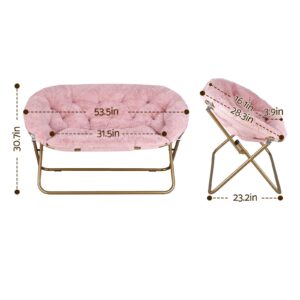 Pink Faux Fur Saucer Chair With Gold Metal Frame, 53.5In Wide, 30.7In Tall, For Bedroom Or Dorm.