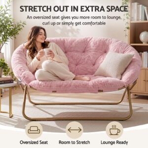 Pink Faux Fur Oversized Saucer Chair With Gold Metal Frame, Perfect For Comfortable Lounging.