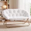 White Faux Fur Papasan Chair With Tufted Cushions And A Gold Metal Frame, Perfect For Cozy Living Room Seating.