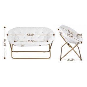 White Faux Fur Double Saucer Chair With Gold Metal Frame, 53.5In Wide, For Cozy Indoor Seating.