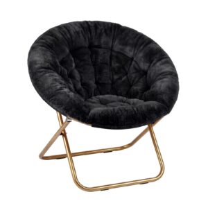 Artiss Cozy Saucer Chair | Black Faux Fur Folding Accent – Sumo Deals Black Faux Fur Saucer Chair With Tufted Cushion And Gold Metal Folding Frame, For Cozy Seating.