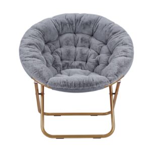 Gray Faux Fur Saucer Chair With Gold Metal Folding Frame, For Cozy Seating In Bedrooms Or Living Rooms.