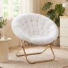 White Faux Fur Saucer Chair With Gold Metal Frame, Tufted Cushion, For Cozy Bedroom Or Living Room Seating.