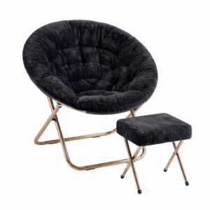Black Faux Fur Saucer Chair And Ottoman Set With Gold Metal Folding Frame, For Comfortable Lounging.