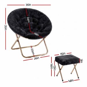 Black Faux Fur Saucer Chair And Ottoman Set With Gold Metal Frame, For Cozy Seating.