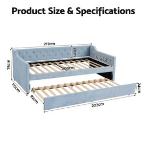 Light Blue Velvet Daybed With Tufted Back, Wooden Slats, And Pull-Out Trundle Bed For Guest Rooms.