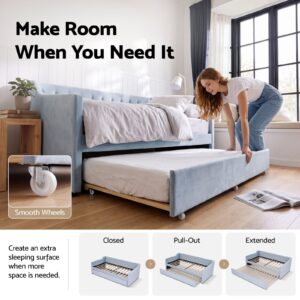 Light Blue Velvet Upholstered Daybed With Tufted Back, Pull-Out Trundle, And Smooth Wheels For Guest Rooms.